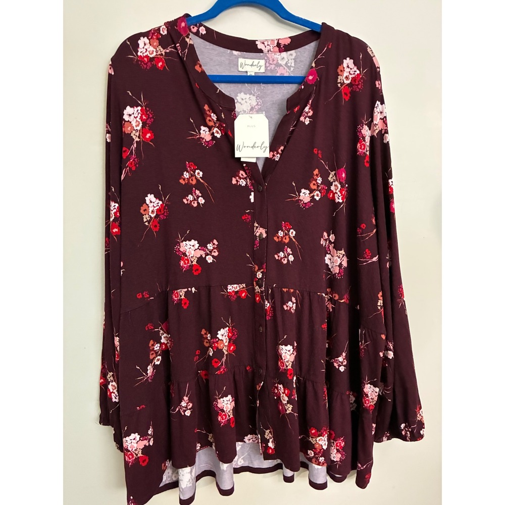 Wonderly Tunic Women 4X Burgundy Floral Tiered Button Split Neck Plus Size New